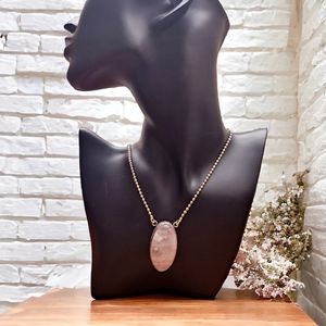 NWOT Oval Rose Quartz Gemstone 925 Silver Plated Necklace 16" Chain Handmade